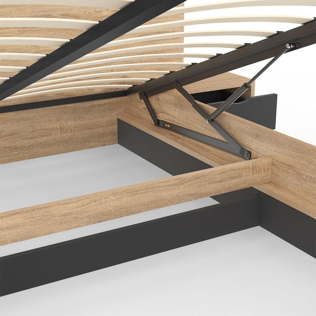 - Lit Coffre Santa avec Tables de chevets intégrées et sommier 140x190cm Couleur Bois et Noir