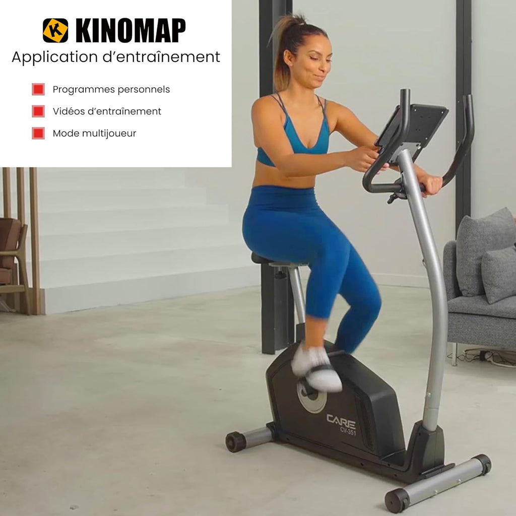 - Vélo d’Appartement Motorisé CV-351 – Masse d'Inertie 10kg - Résistance Magnétique à 16 Niveaux - 7 Programmes d'Entraînement - Selle Ajustable - Connectivité Application Kinomap