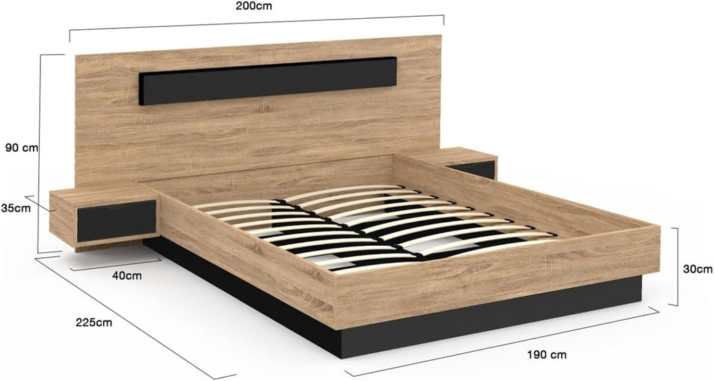 - Lit Coffre Santa avec Tables de chevets intégrées et sommier 140x190cm Couleur Bois et Noir