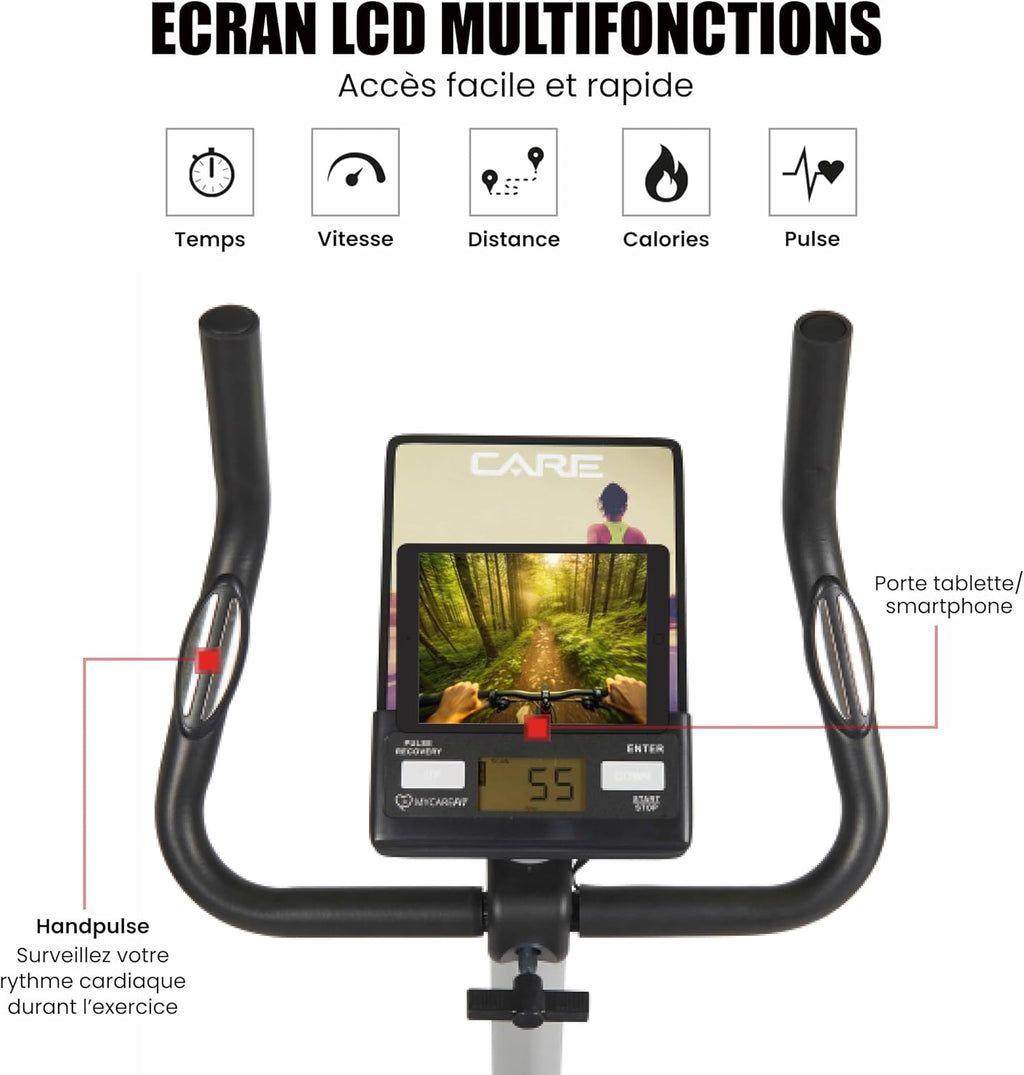 - Vélo d’Appartement Motorisé CV-351 – Masse d'Inertie 10kg - Résistance Magnétique à 16 Niveaux - 7 Programmes d'Entraînement - Selle Ajustable - Connectivité Application Kinomap